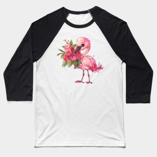 Valentine Flamingo Giving Flowers Baseball T-Shirt